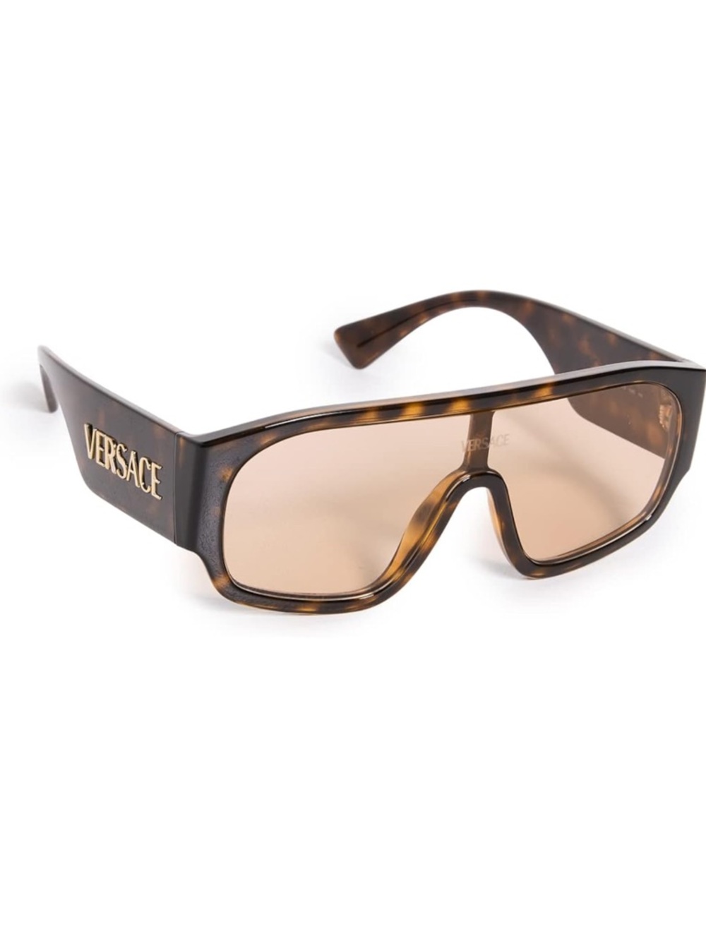 Versace Tortoiseshell Shield Sunglasses with Gold Logo and Brown Lenses
